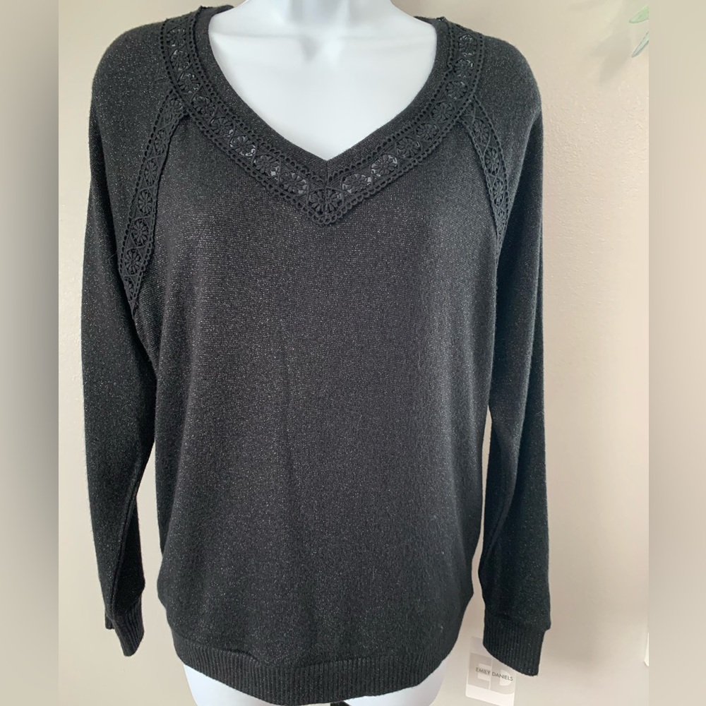 NWT Emily Daniel’s Black Lace-Trimmed Sparkling V-Neck Sweater